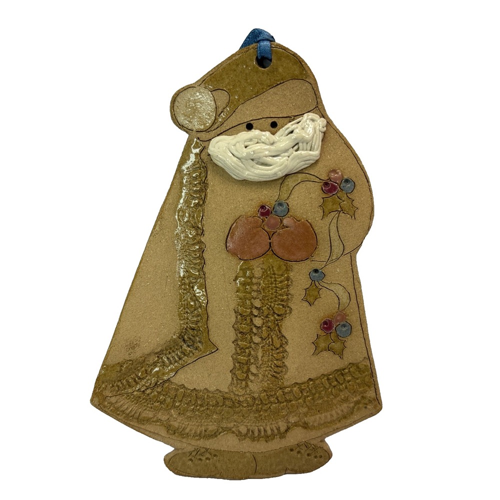 Vtg Mud Mother's Pottery Christmas Wall Plaque Ornament Santa Berry Garland 6"